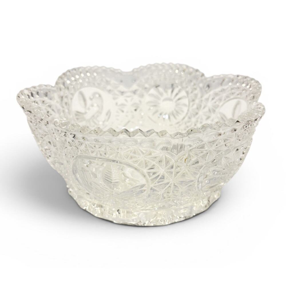 Vtg 1985 Hofbauer Clear Lead Crystal Cut Glass Bird Flower Scalloped Round Bowl